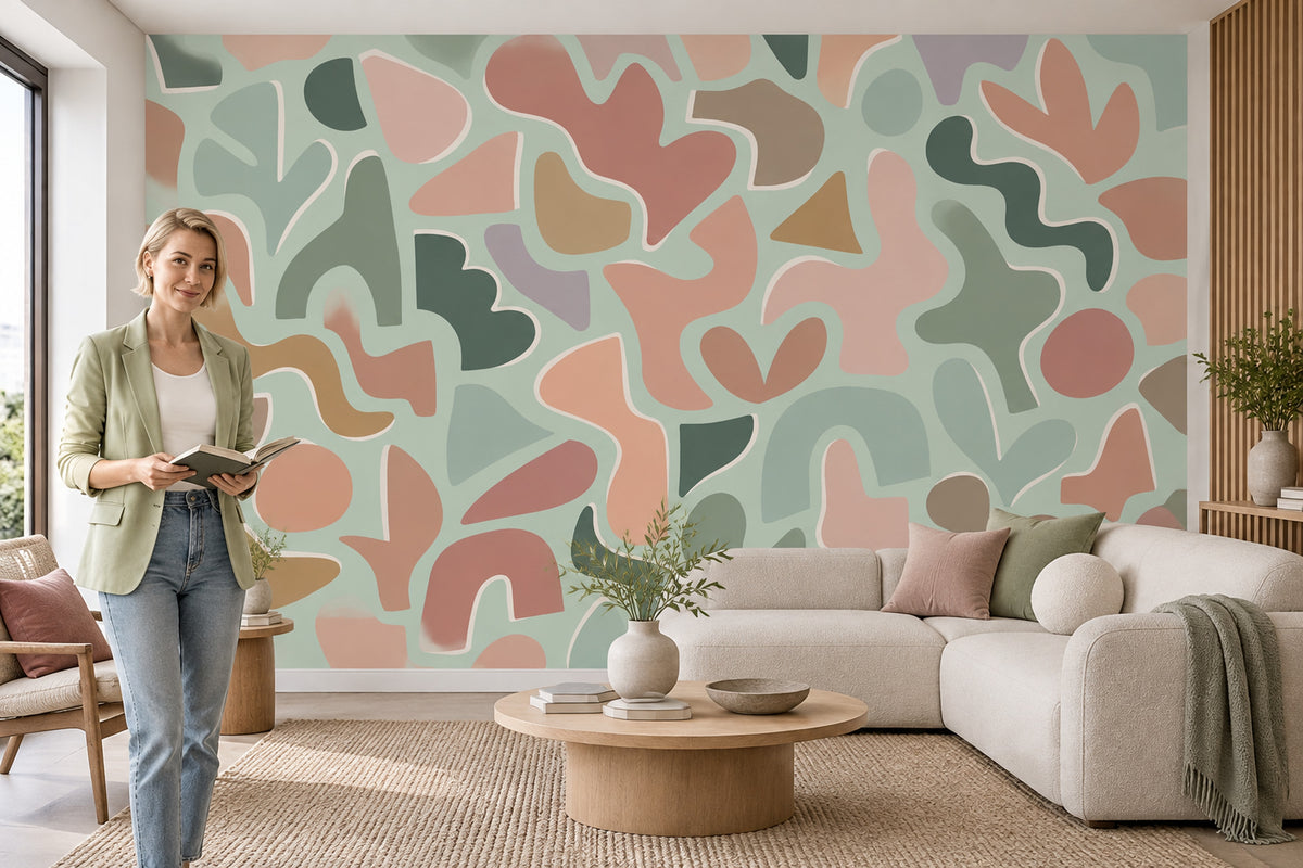 Organic Pastel Shapes Wallpaper Mint Green Modern Wall Mural
