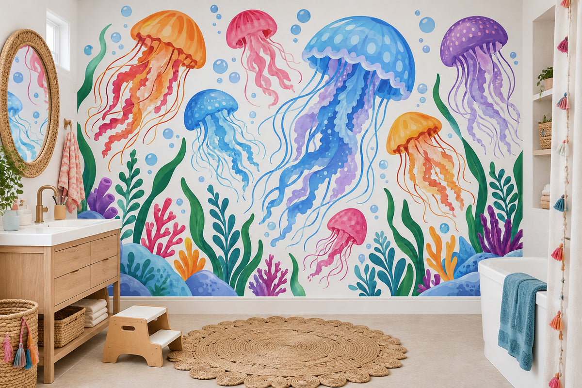 Colorful Jellyfish Wallpaper Watercolor Underwater Wall Mural