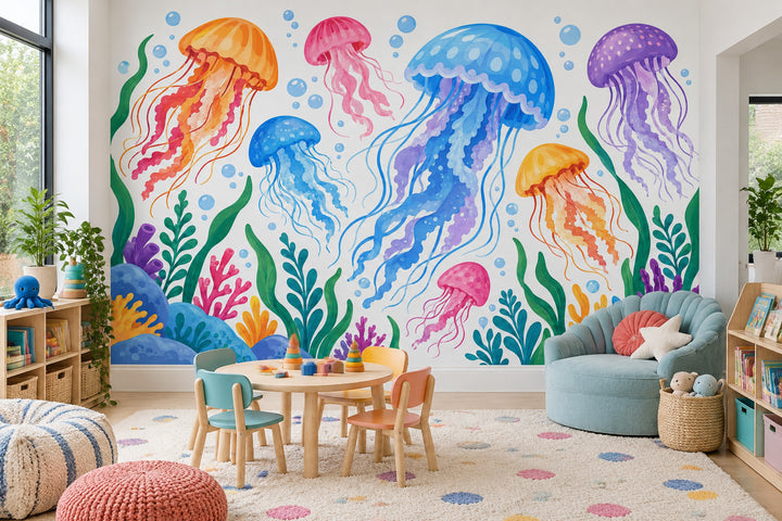 Colorful Jellyfish Wallpaper Watercolor Underwater Wall Mural