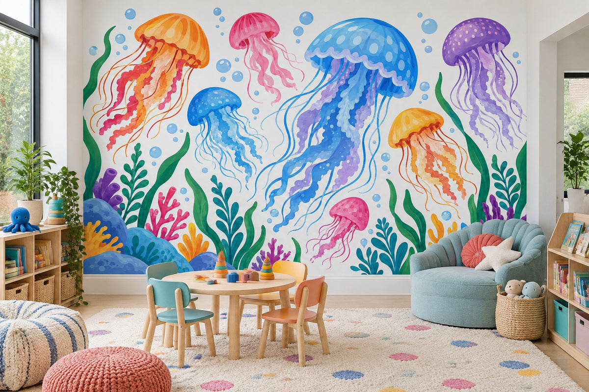 Colorful Jellyfish Wallpaper Watercolor Underwater Wall Mural