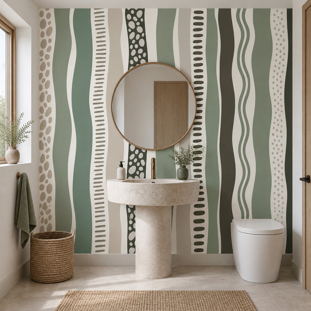 Wavy Vertical Stripes Wallpaper Sage Green Organic Geometric Wall Mural