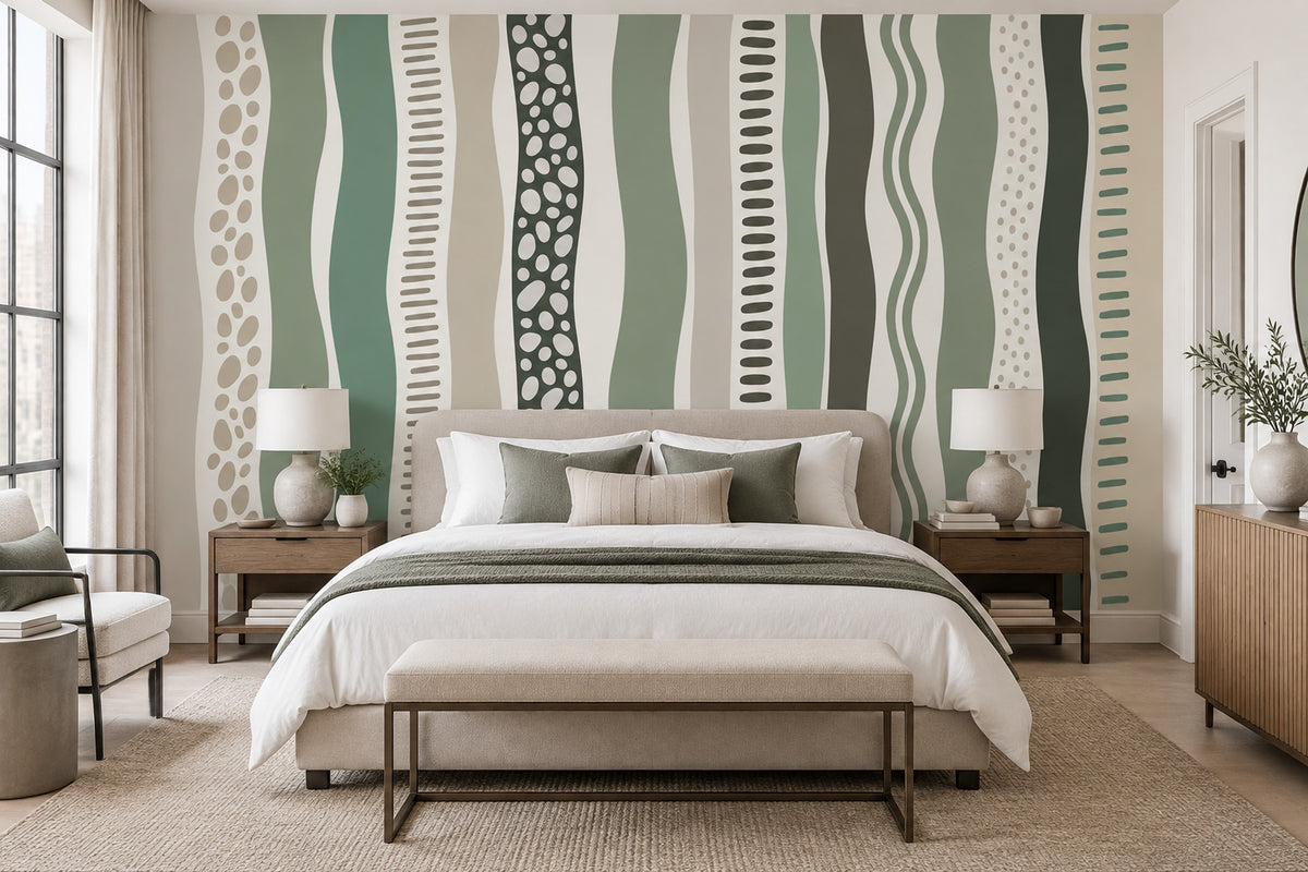 Wavy Vertical Stripes Wallpaper Sage Green Organic Geometric Wall Mural