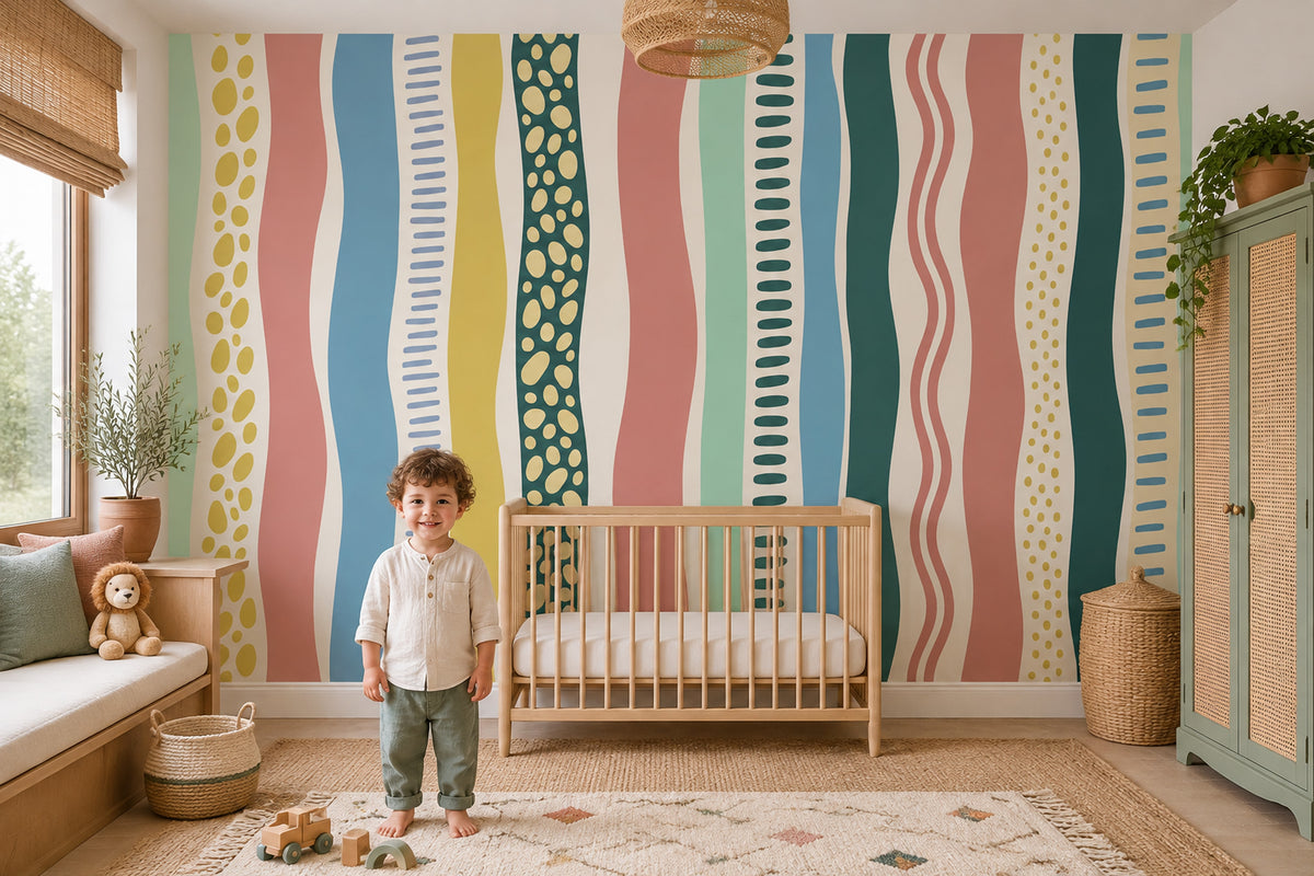 Abstract Wavy Stripes Wallpaper Colorful Hand Drawn Wall Mural
