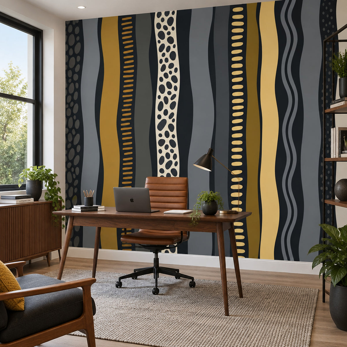 Wavy Stripes Wallpaper Charcoal Mustard Abstract Wall Mural