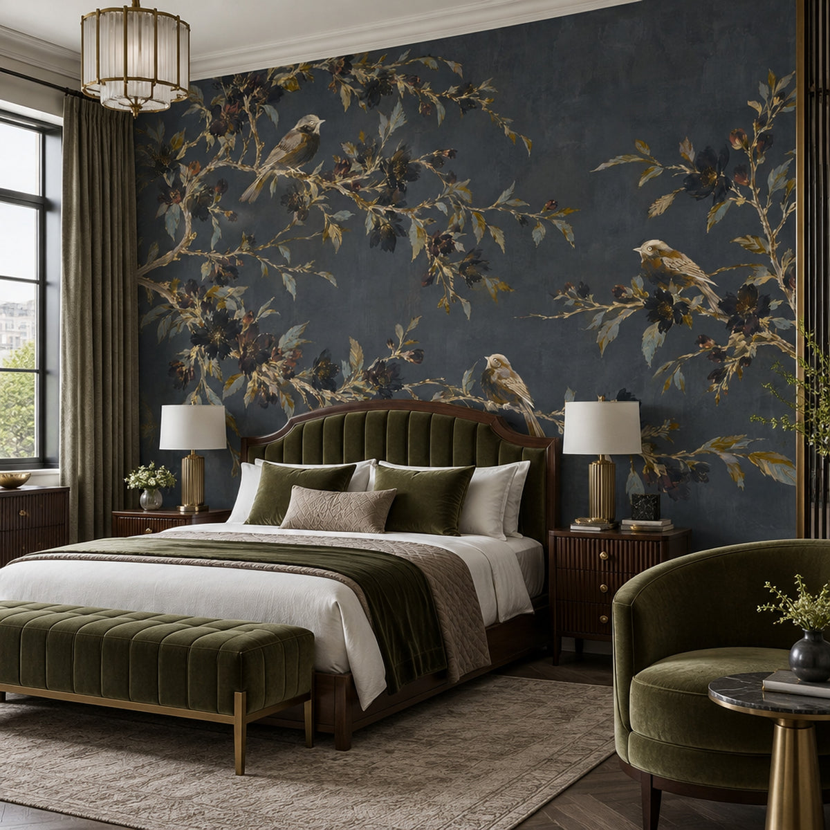 Songbirds On Flowering Branches Wallpaper Dark Floral Wall Mural