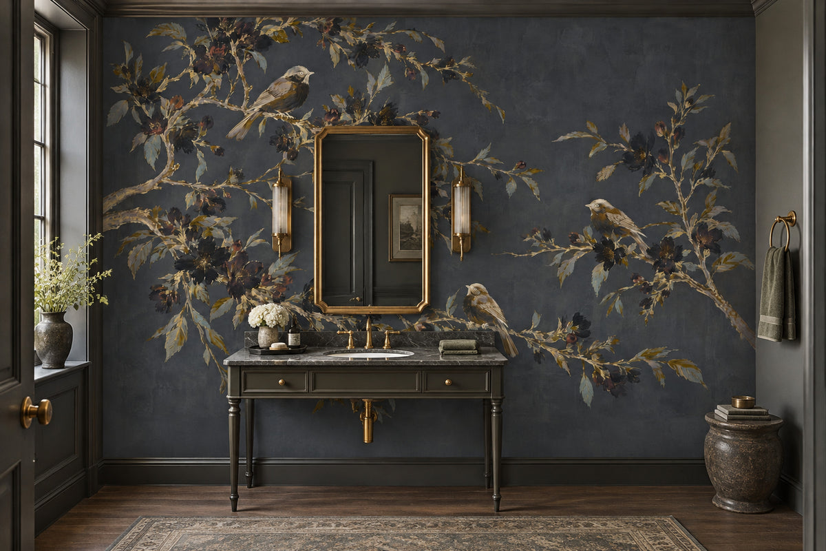 Songbirds On Flowering Branches Wallpaper Dark Floral Wall Mural