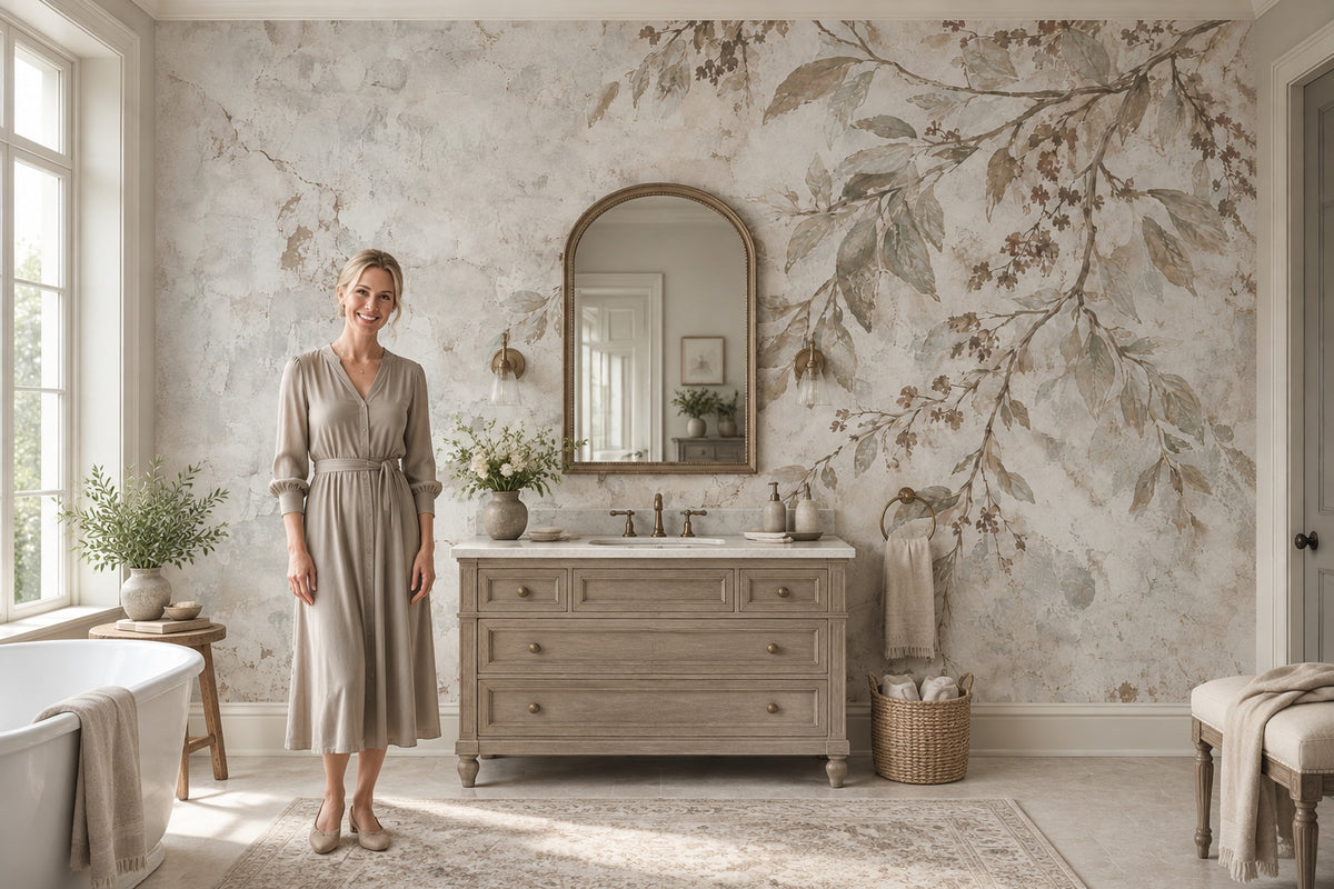Distressed Botanical Branches Wallpaper French Country Wall Mural