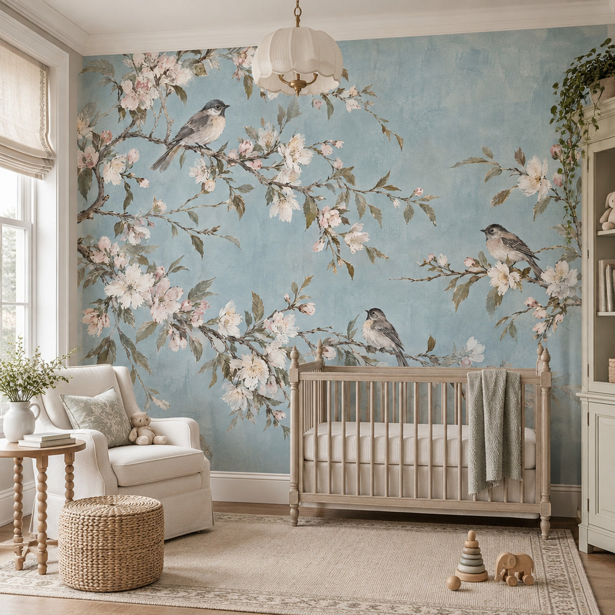Blossom Branches With Birds Wallpaper Pale Blue Wall Mural