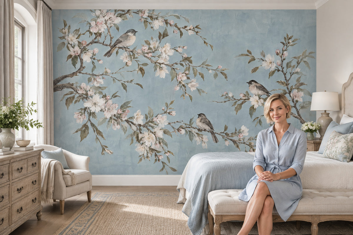 Blossom Branches With Birds Wallpaper Pale Blue Wall Mural