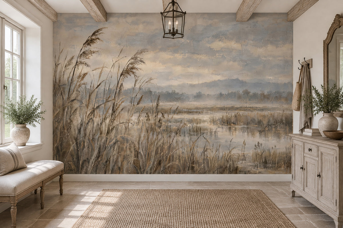 Marsh Reeds Wallpaper Misty Wetlands Wall Mural