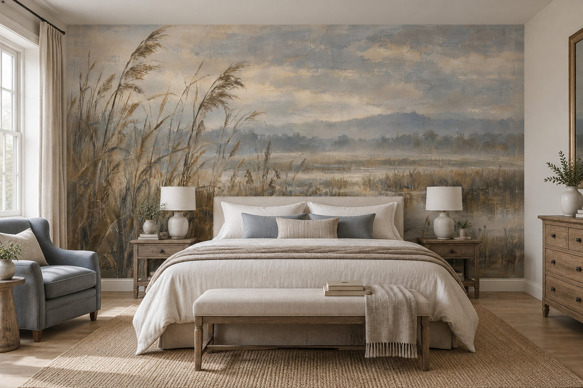 Marsh Reeds Wallpaper Misty Wetlands Wall Mural