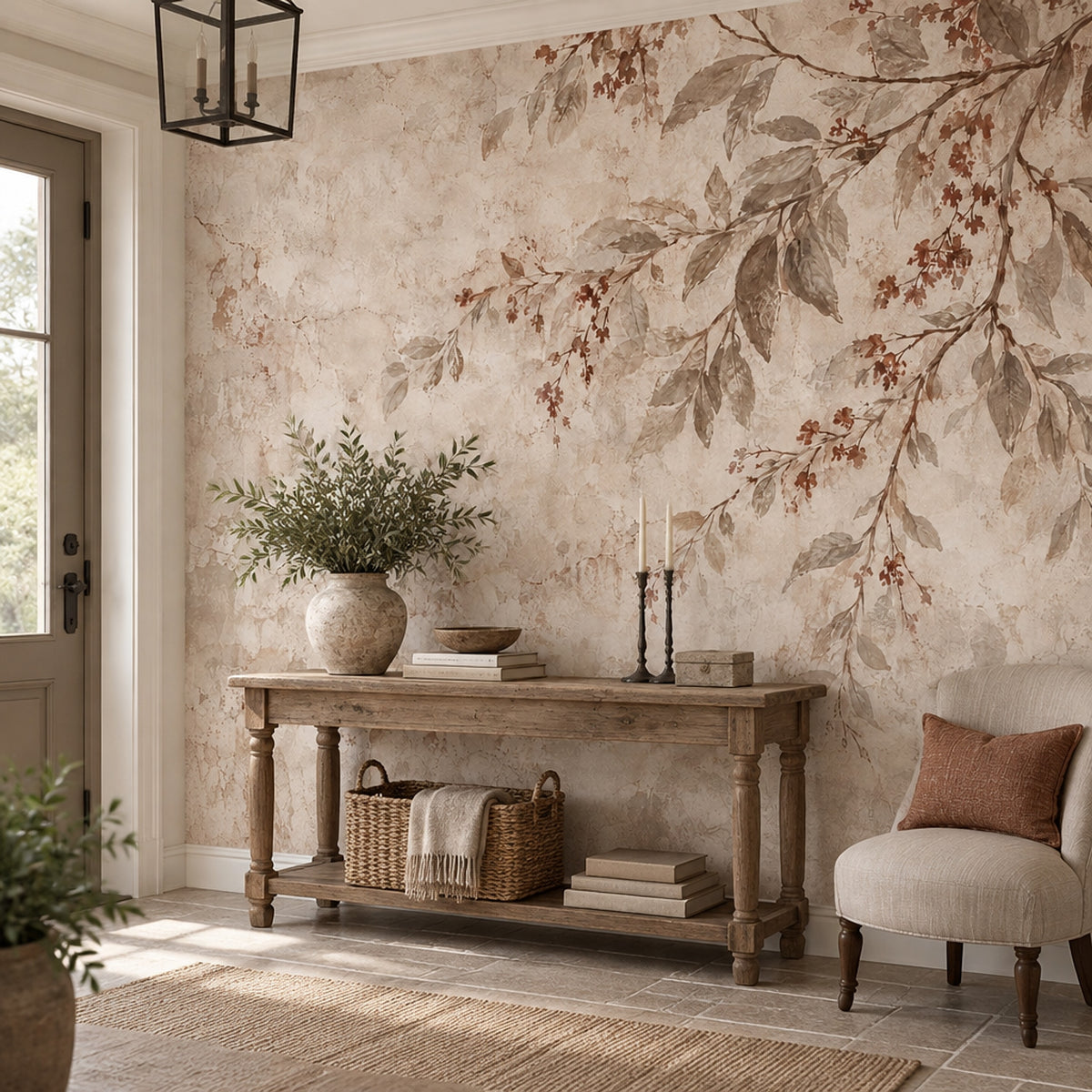 Leafy Branches Wallpaper Vintage Aged Plaster Wall Mural