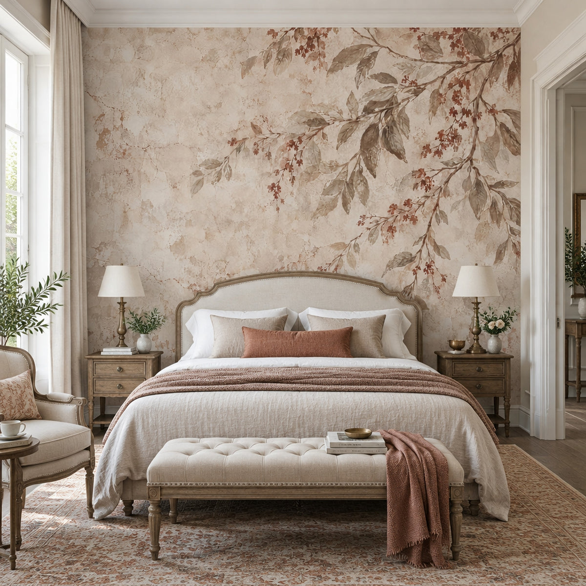 Leafy Branches Wallpaper Vintage Aged Plaster Wall Mural
