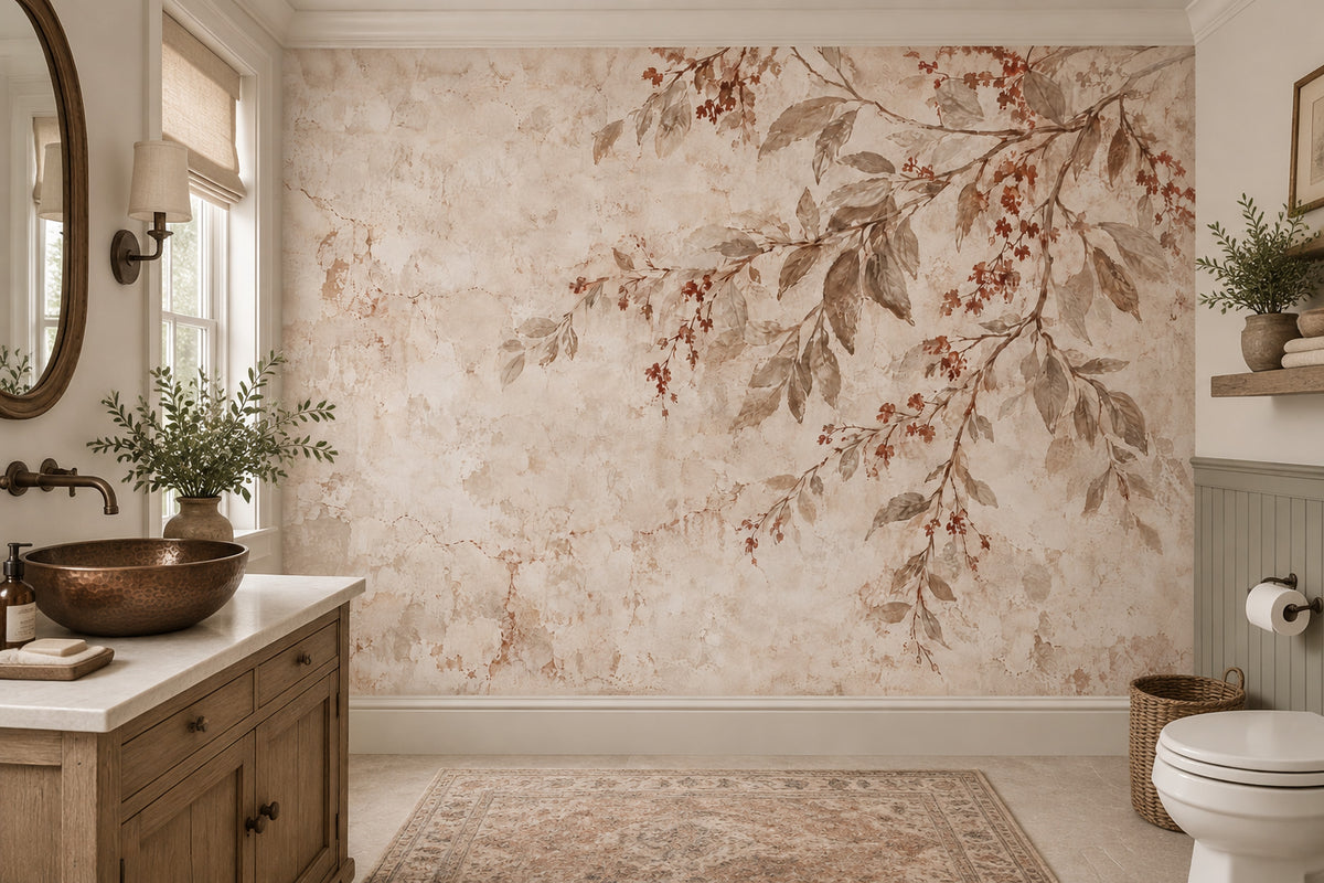 Leafy Branches Wallpaper Vintage Aged Plaster Wall Mural