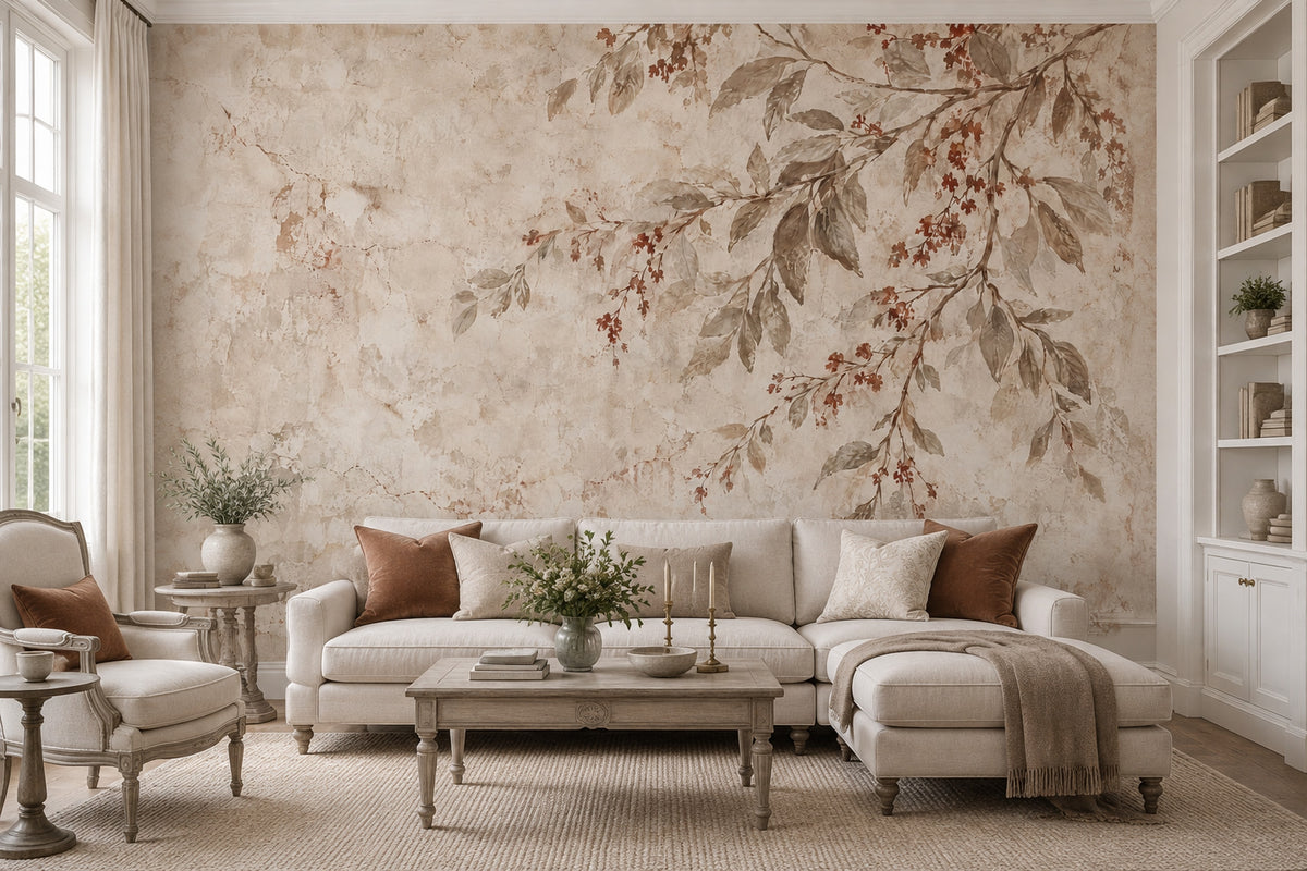 Leafy Branches Wallpaper Vintage Aged Plaster Wall Mural