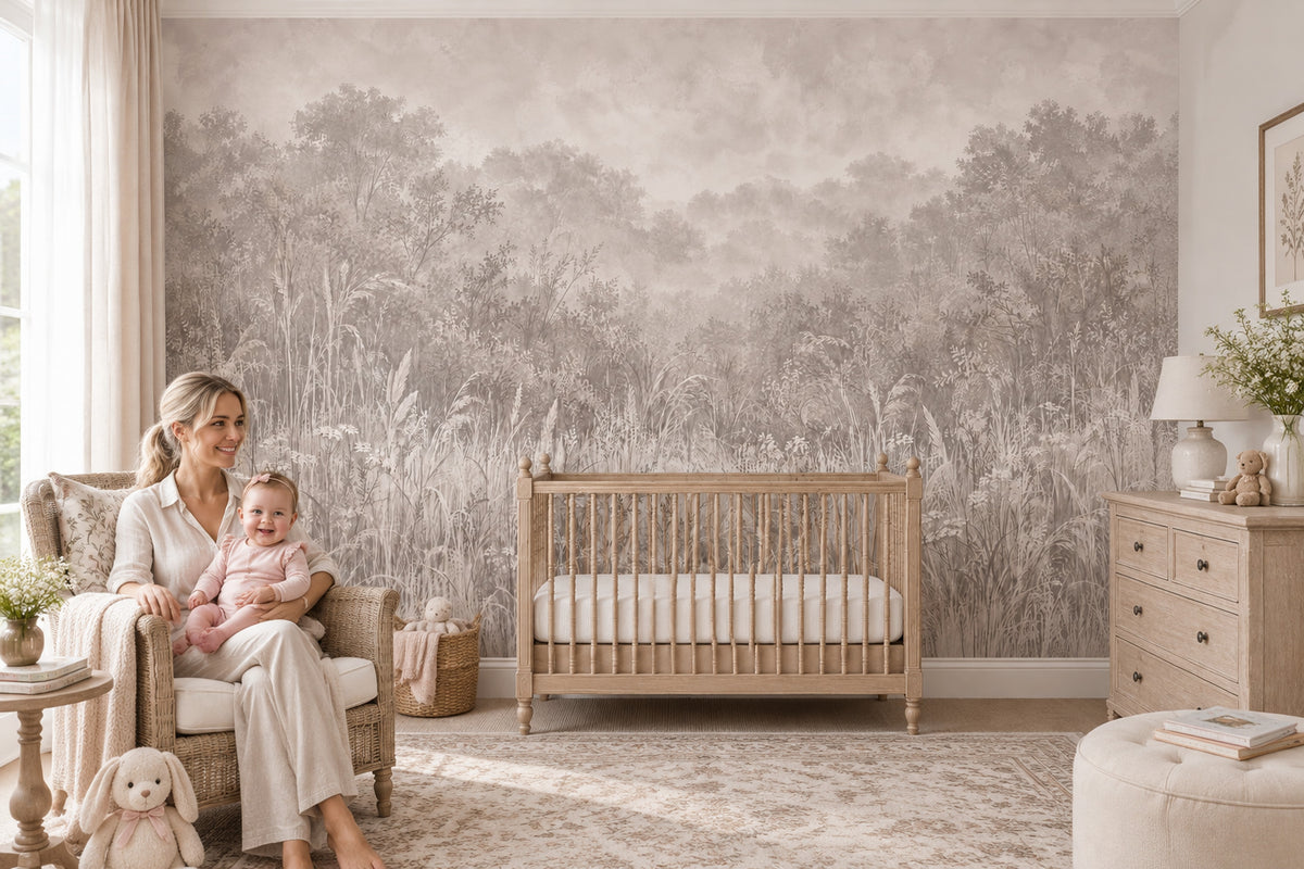 Misty Meadow Trees Wallpaper Soft Gray Woodland Wall Mural