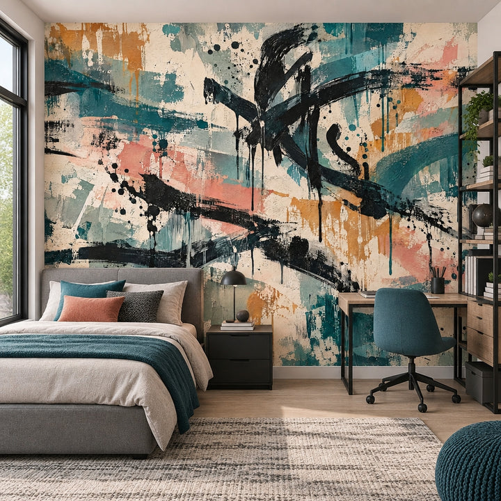 Bold Brushstrokes Wallpaper Teal Graffiti Wall Mural