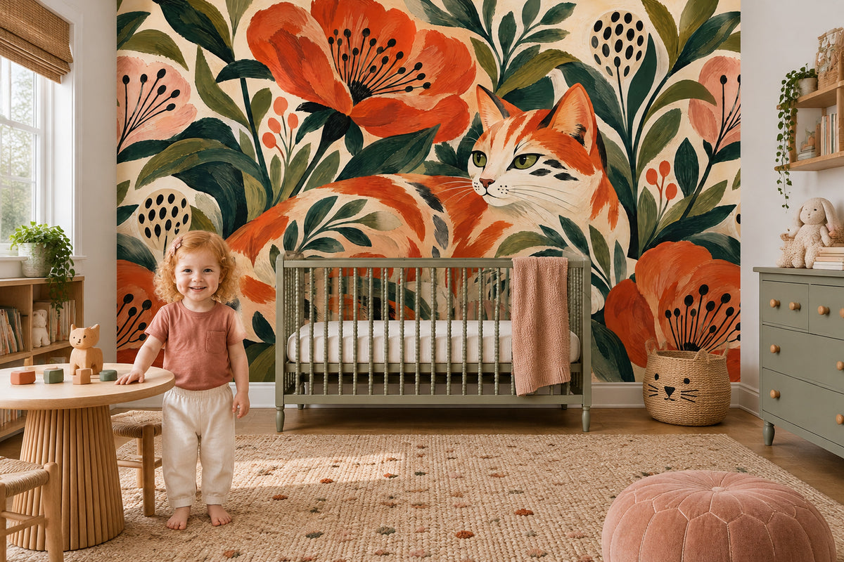 Calico Cat And Folk Flowers Wallpaper Botanical Garden Wall Mural