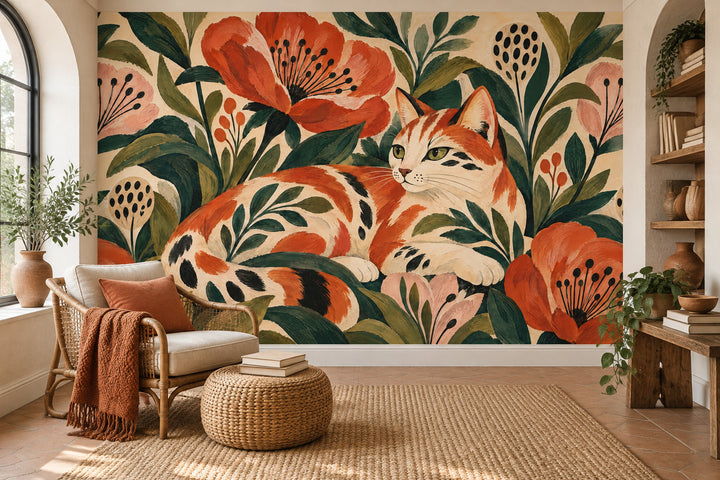 Calico Cat And Folk Flowers Wallpaper Botanical Garden Wall Mural