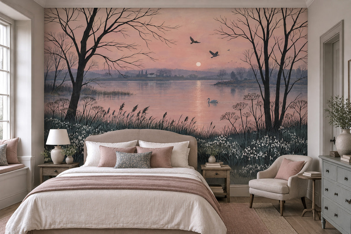Swan Lake Sunset Wallpaper Pink Sky Wall Mural