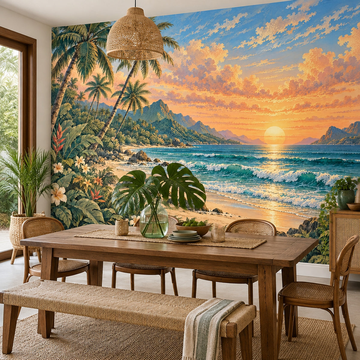 Palm Trees And Sunset Beach Wallpaper Vintage Tropical Coast Wall Mural