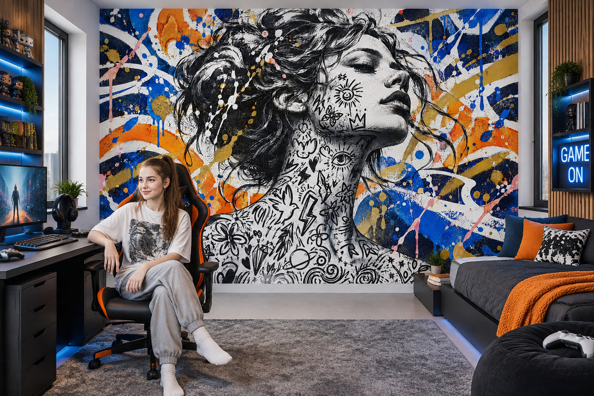 Tattooed Woman Portrait Wallpaper Street Art Wall Mural