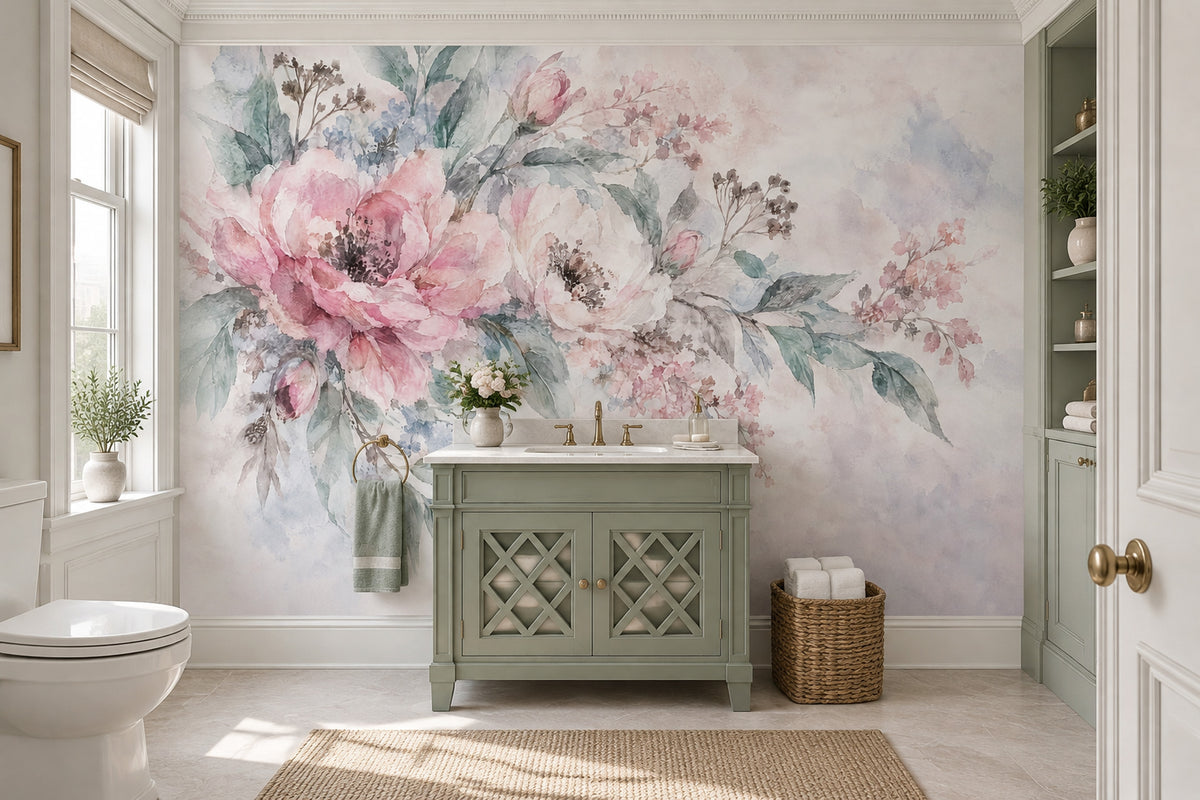 Blush Pink Watercolor Roses Wallpaper Romantic Botanical Wall Mural