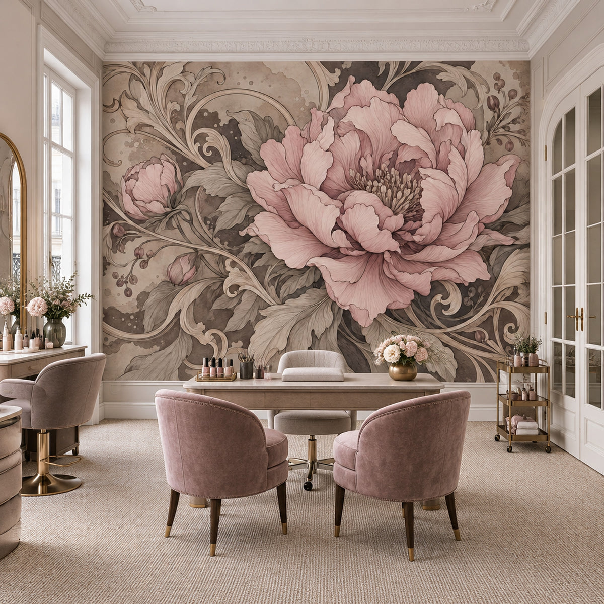 Vintage Pink Peony Wallpaper Sepia Ornamental Wall Mural