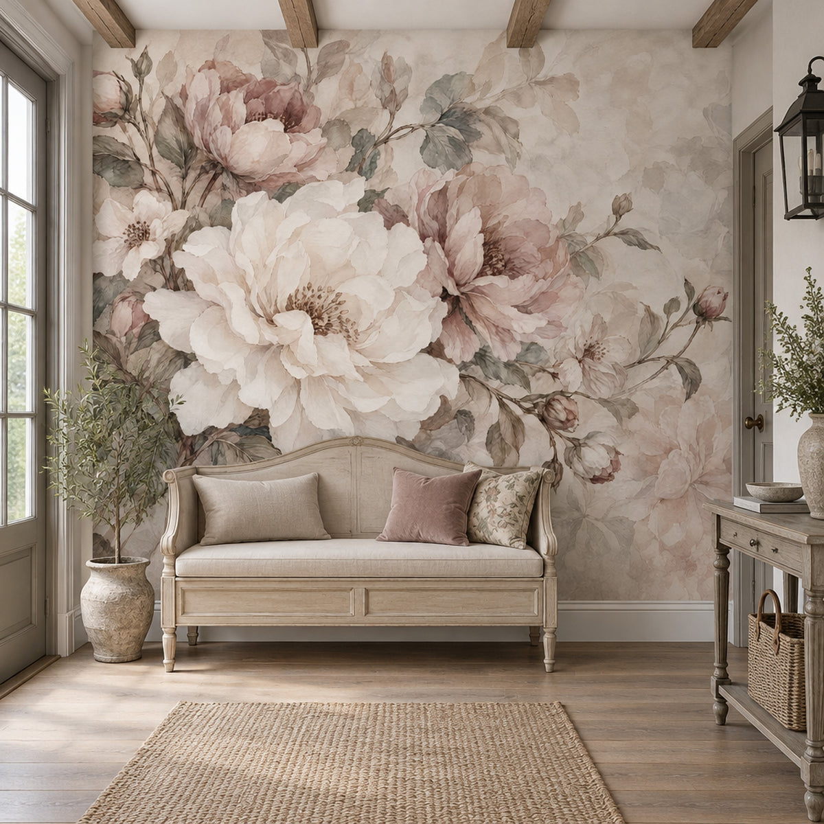 Blush Pink Roses Wallpaper Vintage Botanical Wall Mural