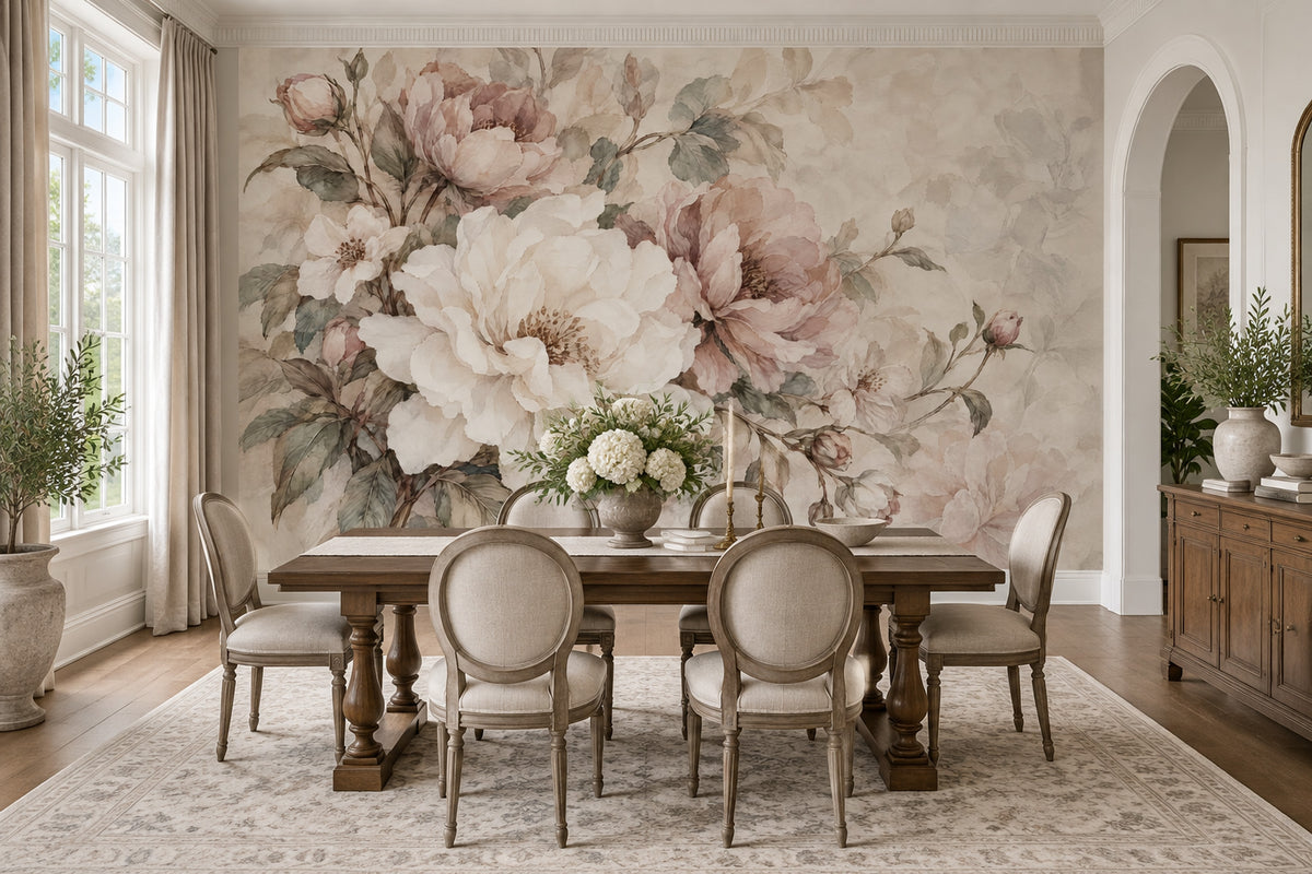 Blush Pink Roses Wallpaper Vintage Botanical Wall Mural