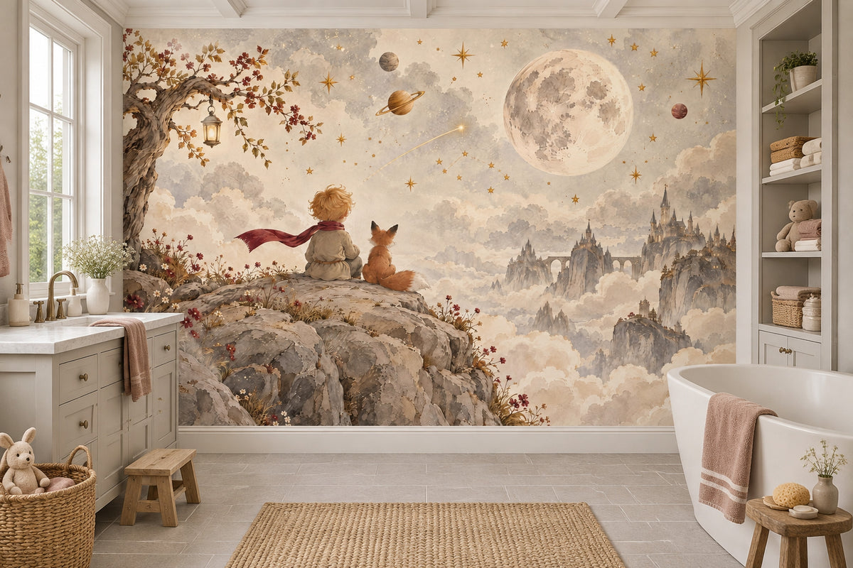 Child And Fox Under Moon Wallpaper Watercolor Fantasy Wall Mural