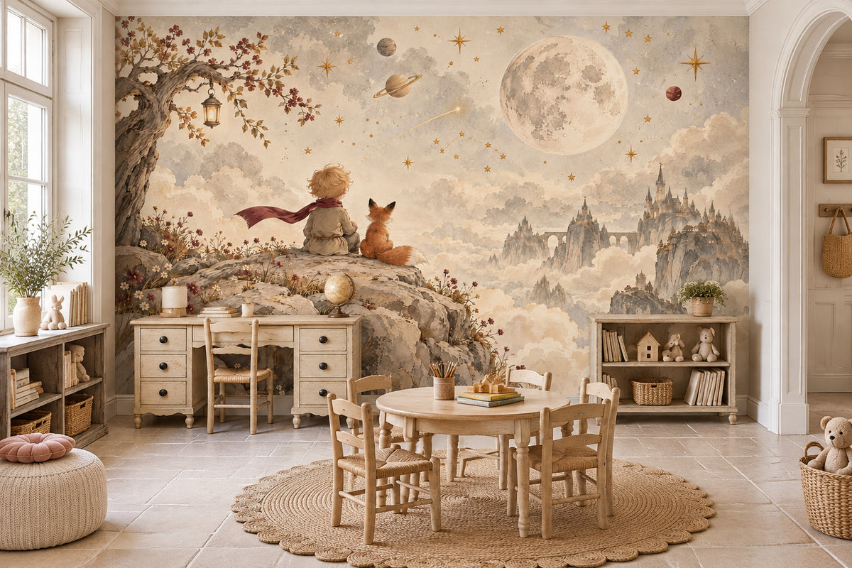 Child And Fox Under Moon Wallpaper Watercolor Fantasy Wall Mural