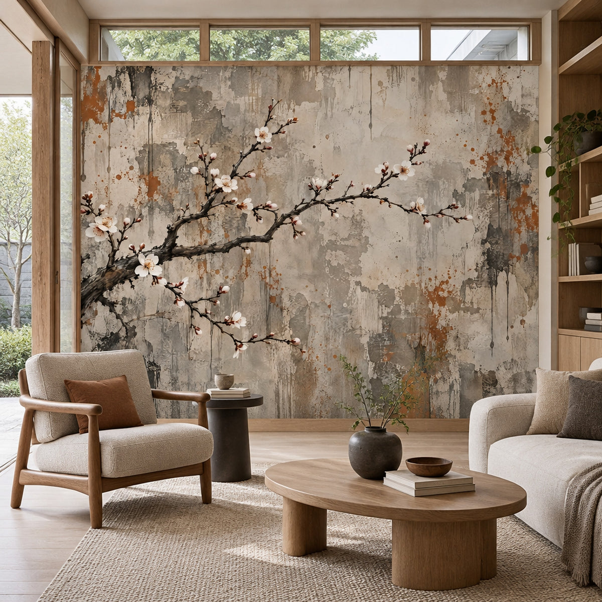 Cherry Blossom Branch Wallpaper Distressed Plaster Wall Mural