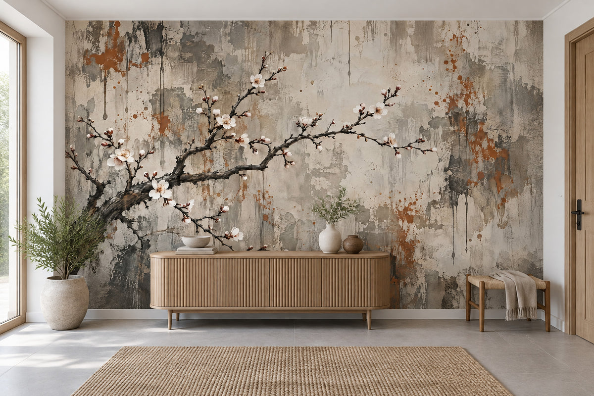 Cherry Blossom Branch Wallpaper Distressed Plaster Wall Mural