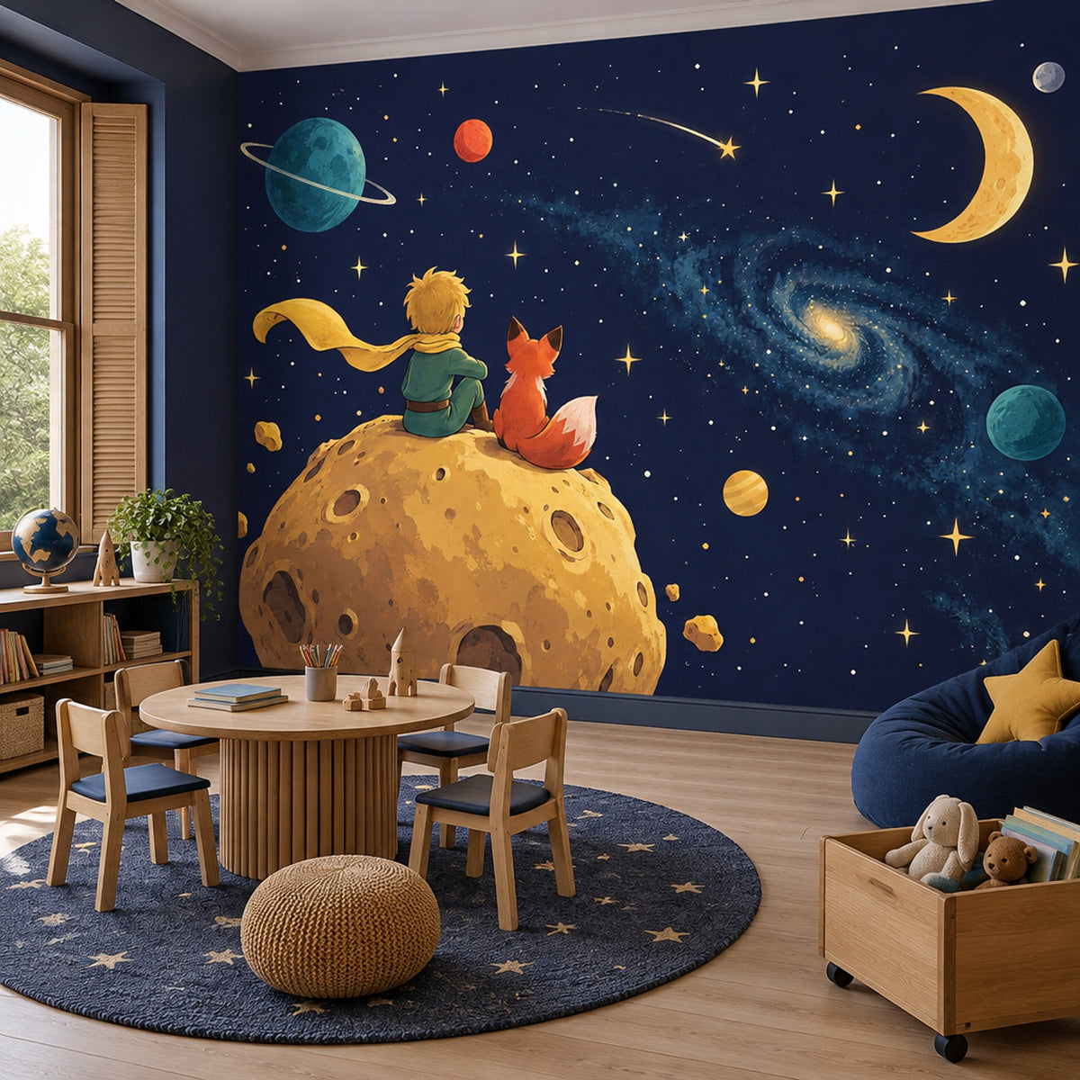 Storybook Boy And Fox Space Wallpaper Celestial Planets Wall Mural