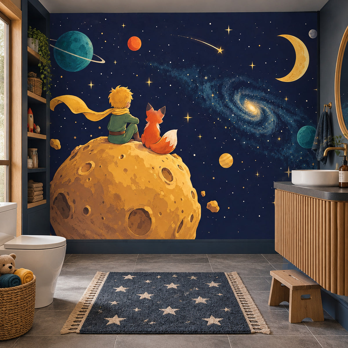 Storybook Boy And Fox Space Wallpaper Celestial Planets Wall Mural