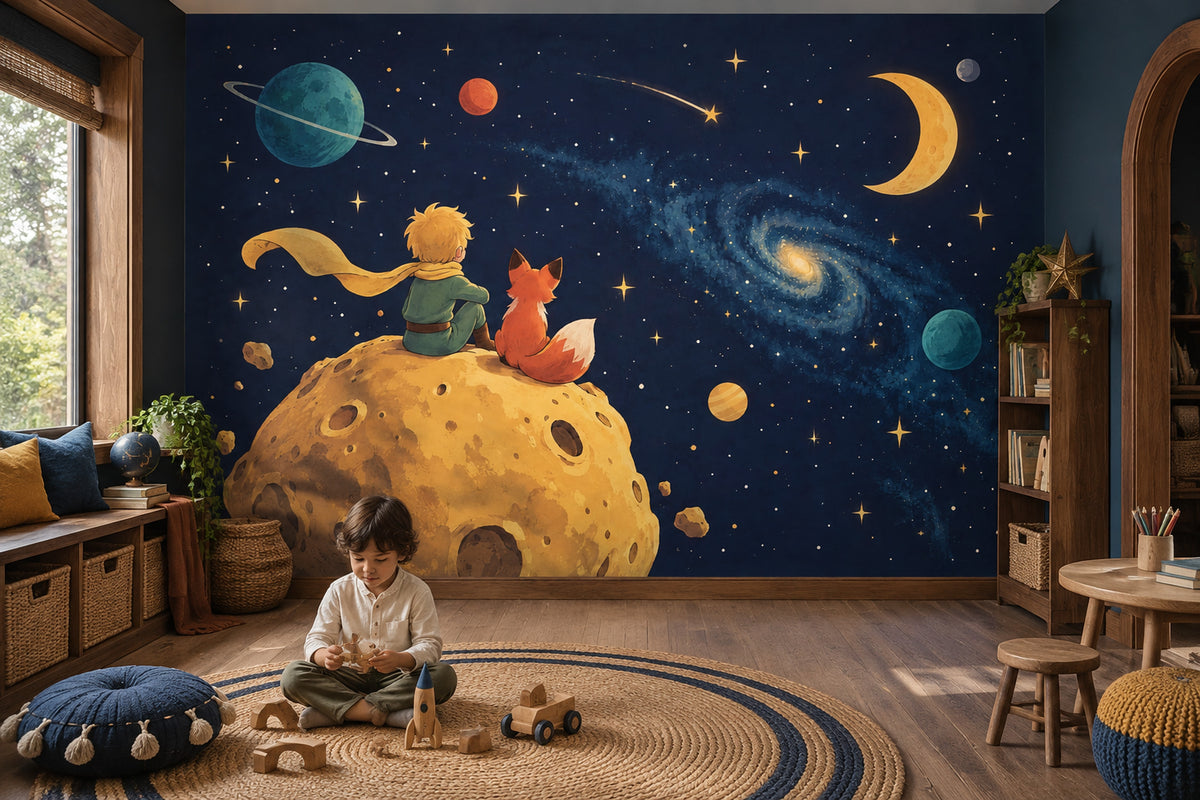 Storybook Boy And Fox Space Wallpaper Celestial Planets Wall Mural