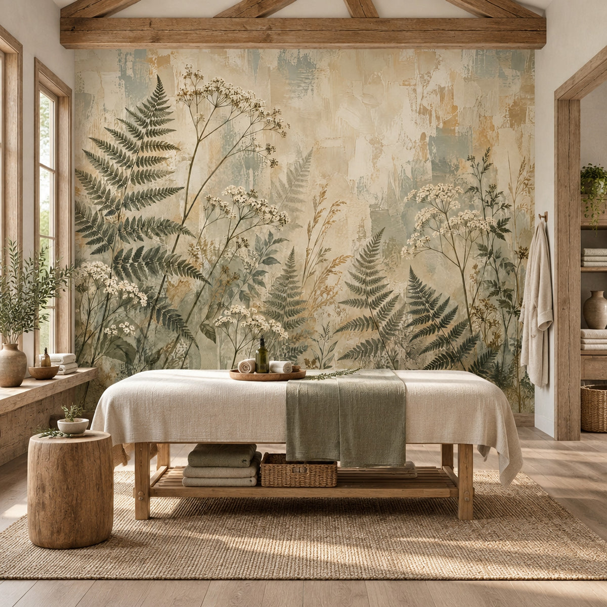 Vintage Ferns And Wildflowers Wallpaper Distressed Texture Wall Mural