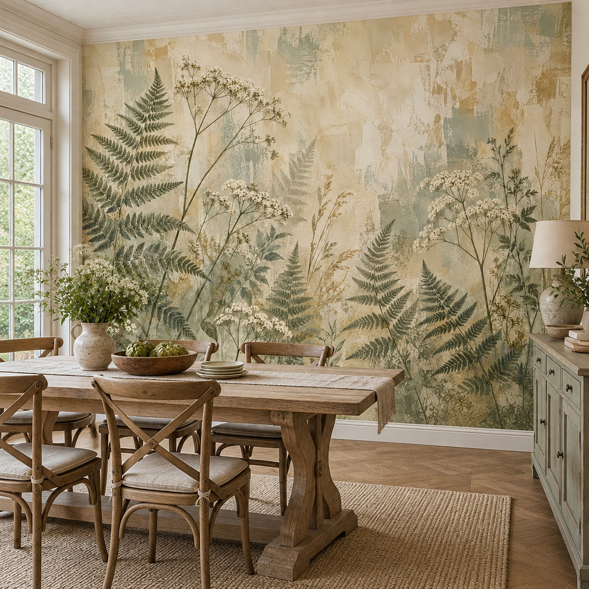 Vintage Ferns And Wildflowers Wallpaper Distressed Texture Wall Mural