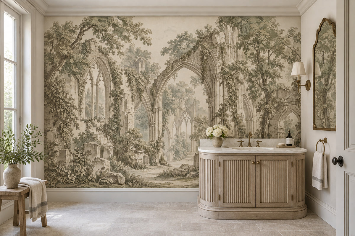 Gothic Ruins Wallpaper Sepia Landscape Wall Mural