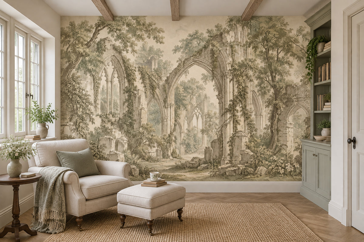 Gothic Ruins Wallpaper Sepia Landscape Wall Mural