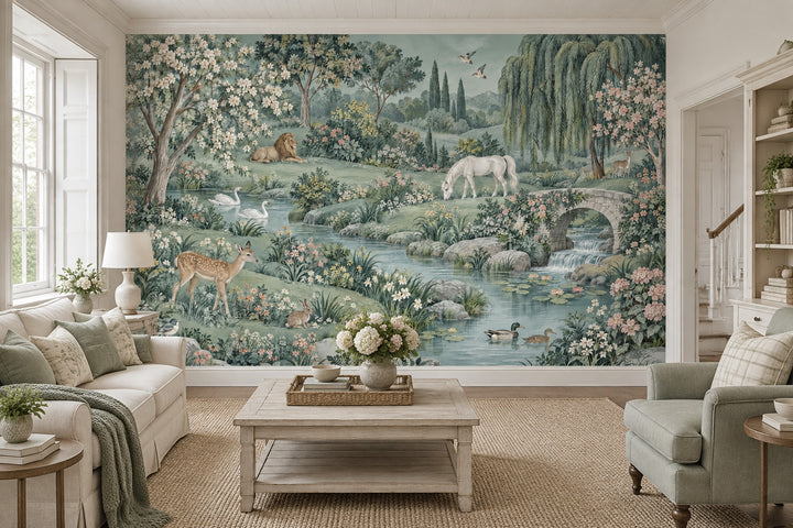 Stone Bridge River Wildlife Wallpaper Vintage Pastoral Wall Mural