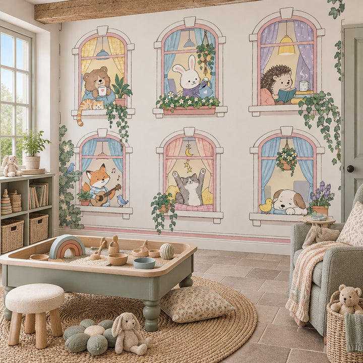 Whimsical Animals In Arched Windows Wallpaper Pastel Garden Facade Wall Mural