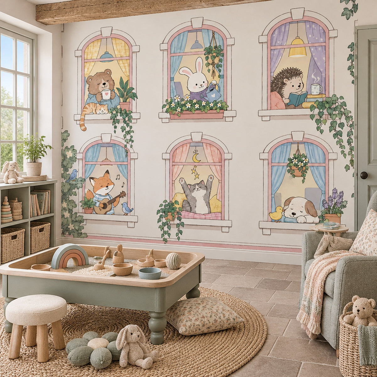 Whimsical Animals In Arched Windows Wallpaper Pastel Garden Facade Wall Mural