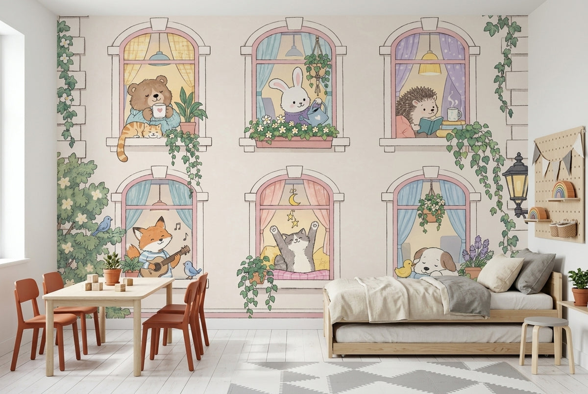Whimsical Animals In Arched Windows Wallpaper Pastel Garden Facade Wall Mural