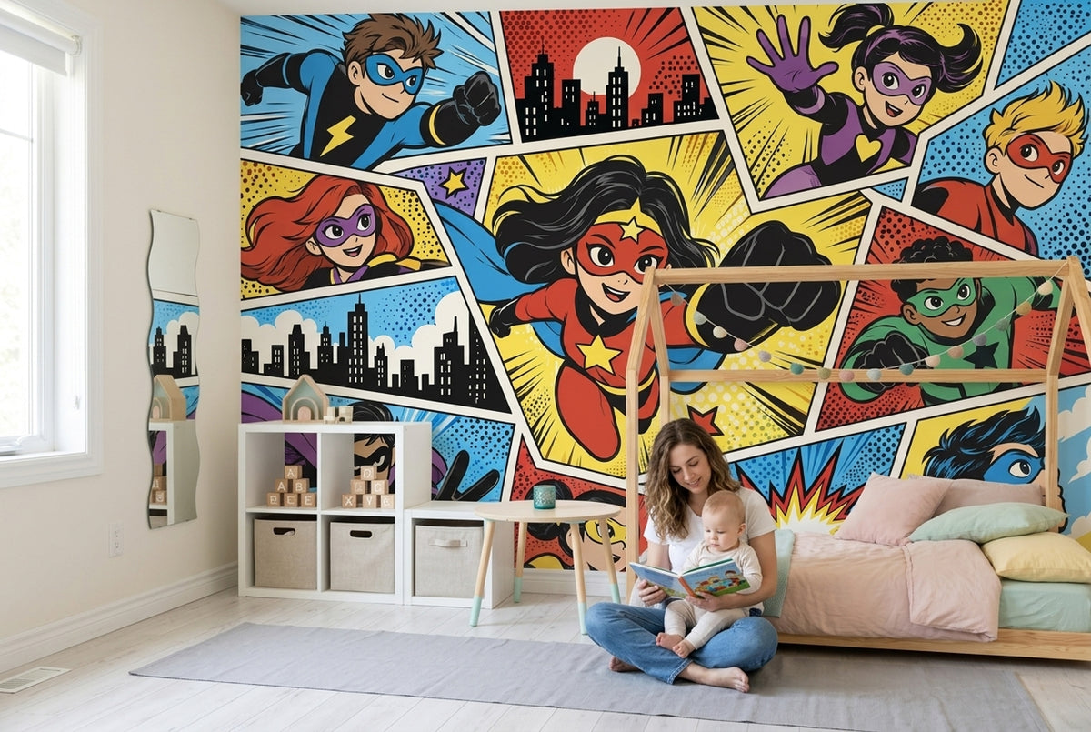 Comic Book Superhero Kids Wallpaper Colorful Action Panels Wall Mural