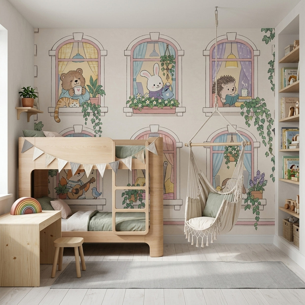 Whimsical Animals In Arched Windows Wallpaper Pastel Garden Facade Wall Mural