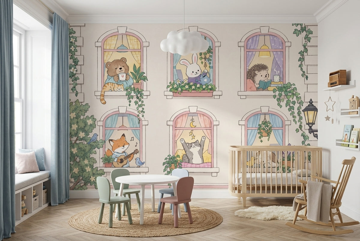 Whimsical Animals In Arched Windows Wallpaper Pastel Garden Facade Wall Mural