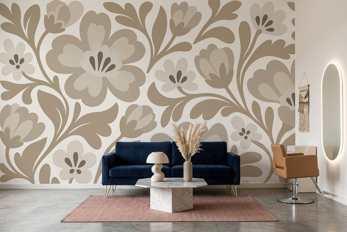 Stylized Large Flowers Wallpaper Beige Botanical Wall Mural