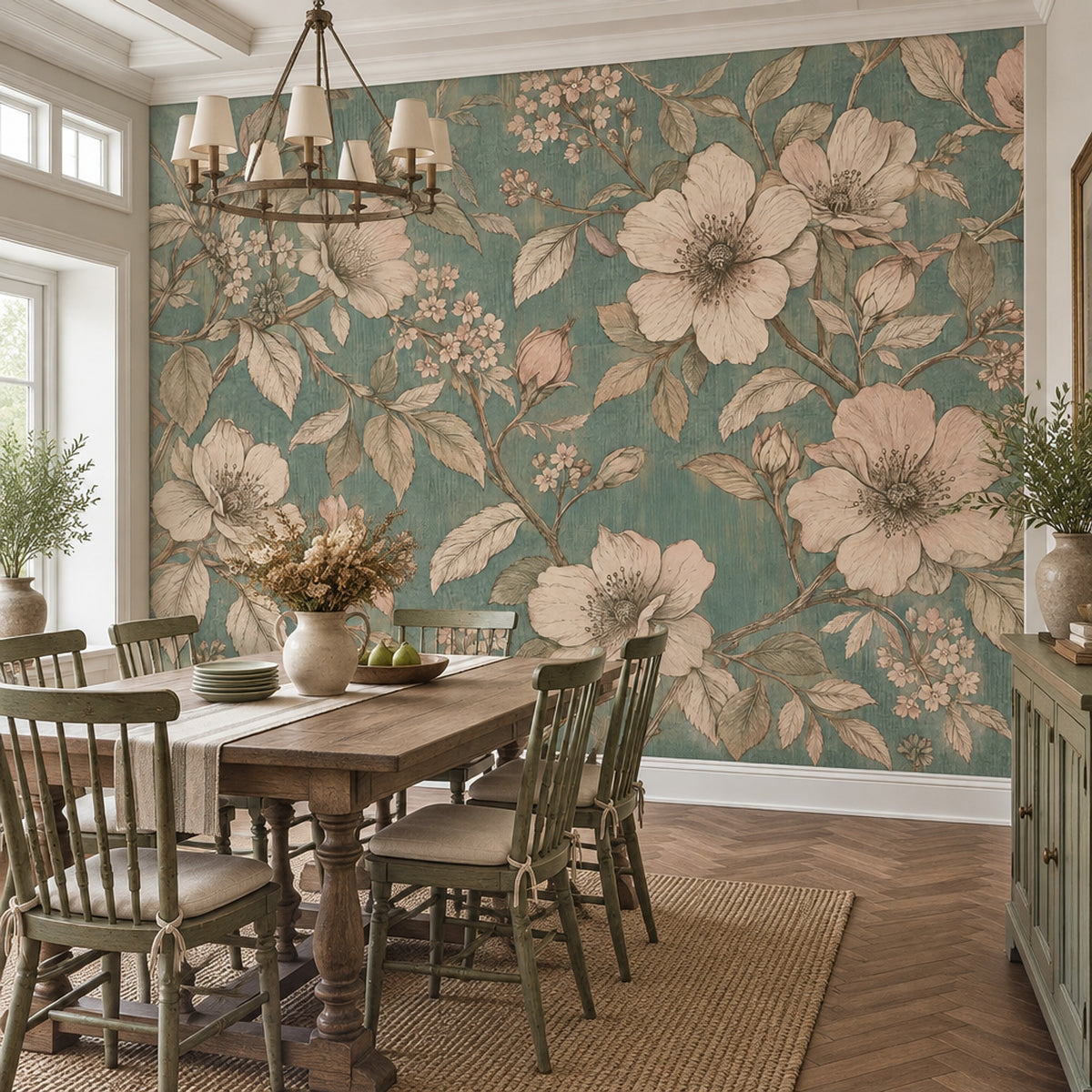 Vintage Large Blossom Wallpaper Teal Botanical Wall Mural